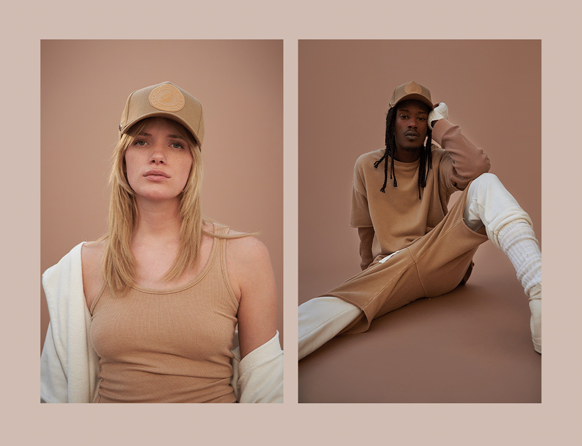Sweet Pants — two editorial portraits in a warm-toned studio